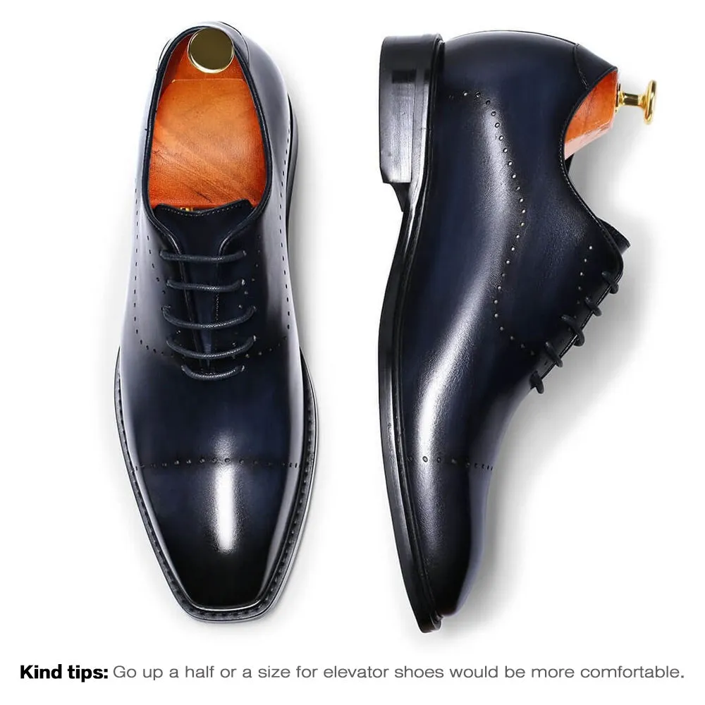 6 CM/2.36 Inches Taller -CMR CHAMARIPA Dress Elevator Shoes For Men- Leather Hand Painted Wholecut Oxfords- Blue