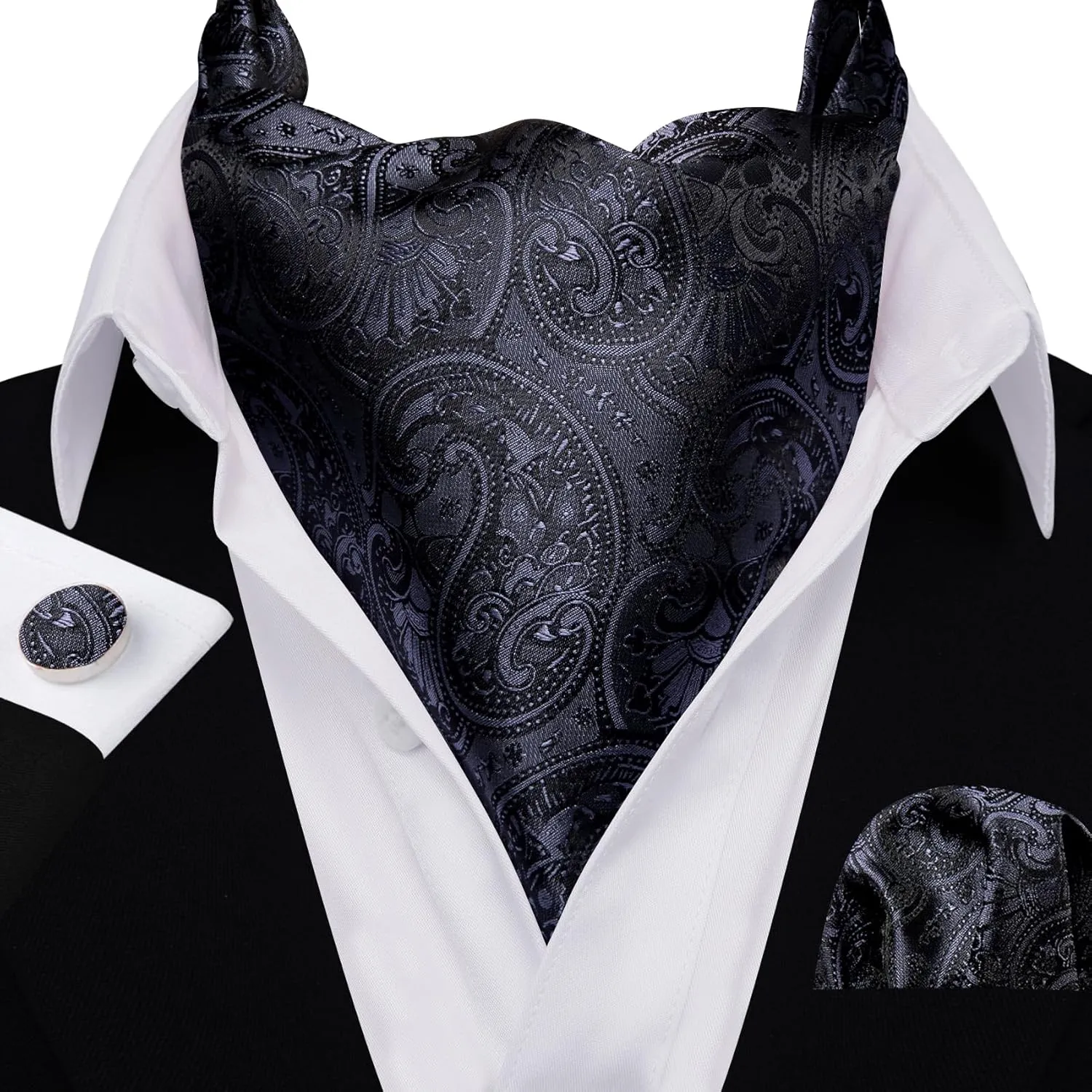 Barry.Wang Ascot Ties Cravat Tie Men Paisley Plaid Scarf Self Tie Pocket Square Cufflinks Set Wedding Party