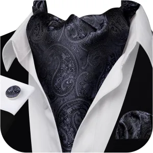 Barry.Wang Ascot Ties Cravat Tie Men Paisley Plaid Scarf Self Tie Pocket Square Cufflinks Set Wedding Party