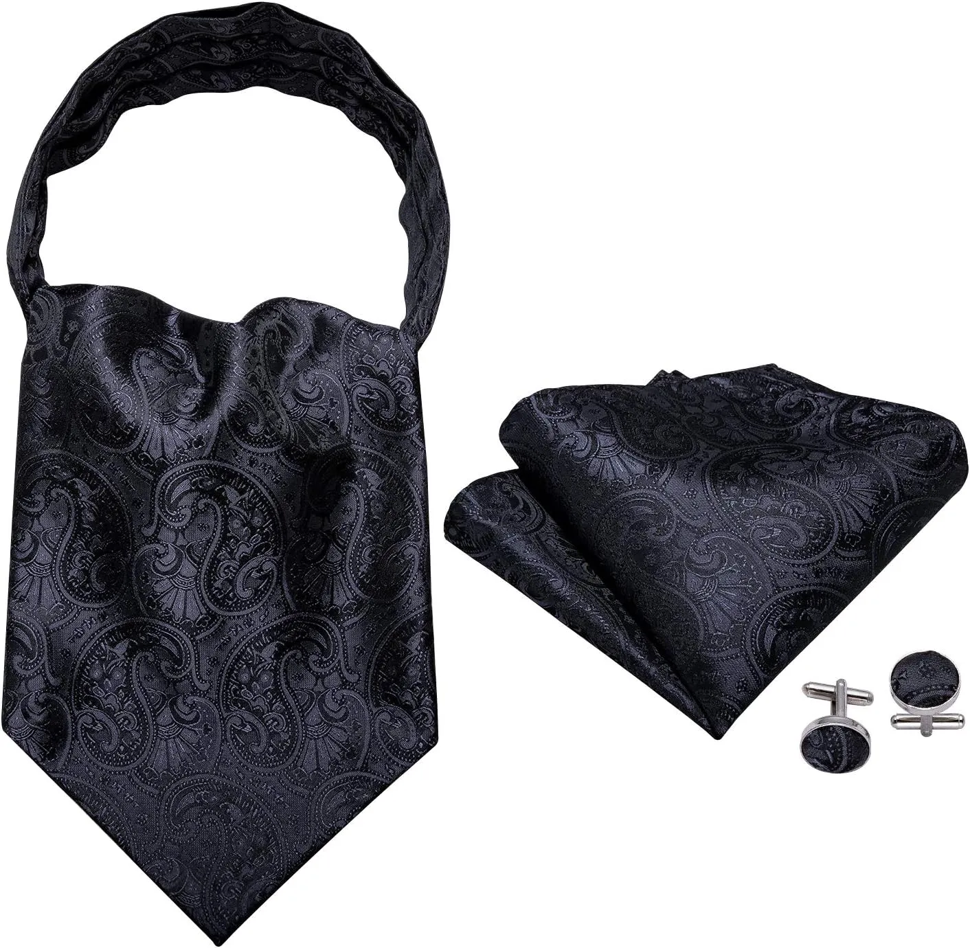 Barry.Wang Ascot Ties Cravat Tie Men Paisley Plaid Scarf Self Tie Pocket Square Cufflinks Set Wedding Party