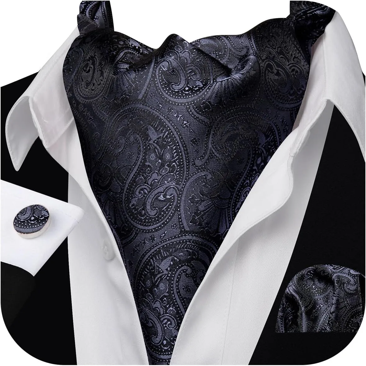 Barry.Wang Ascot Ties Cravat Tie Men Paisley Plaid Scarf Self Tie Pocket Square Cufflinks Set Wedding Party