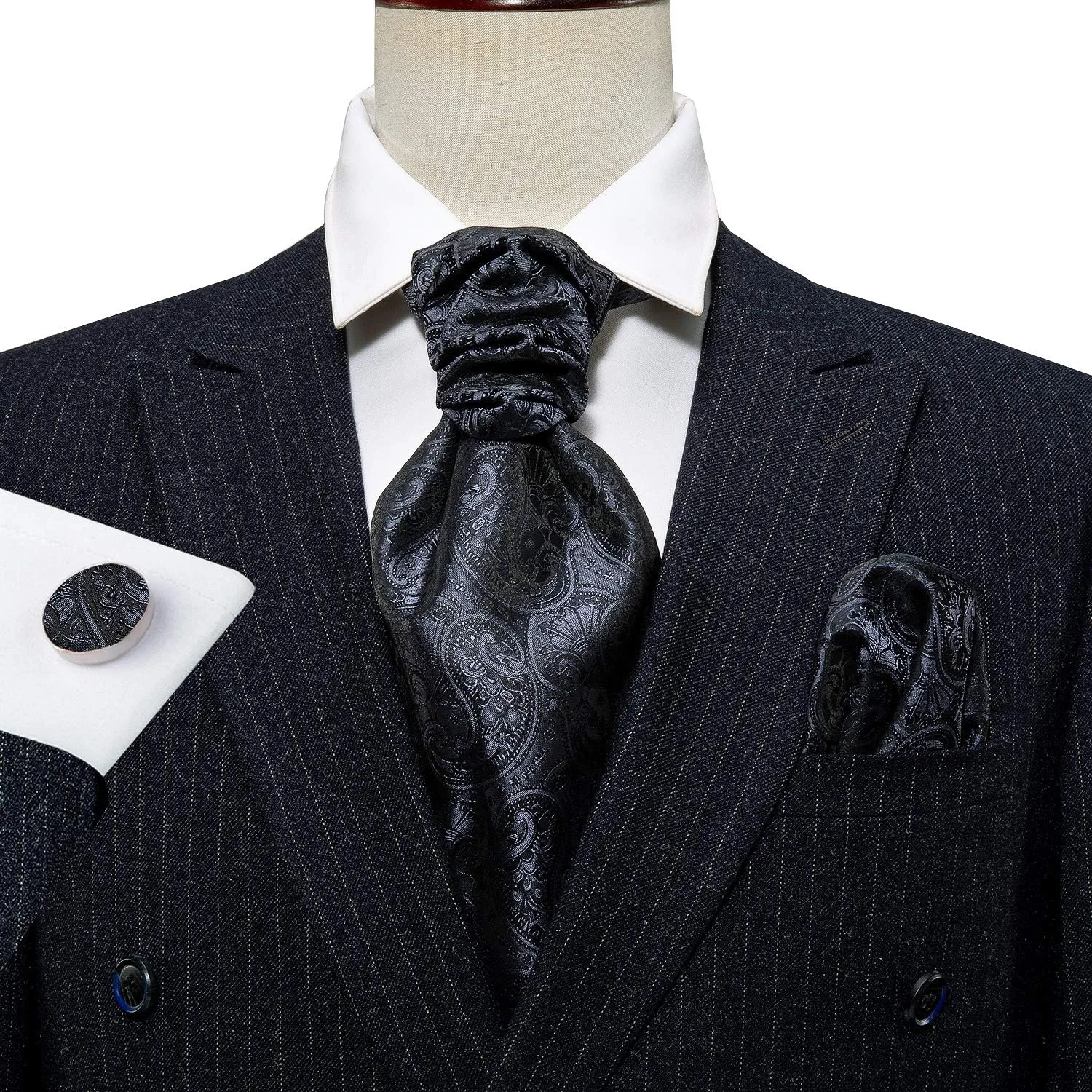 Barry.Wang Ascot Ties Cravat Tie Men Paisley Plaid Scarf Self Tie Pocket Square Cufflinks Set Wedding Party