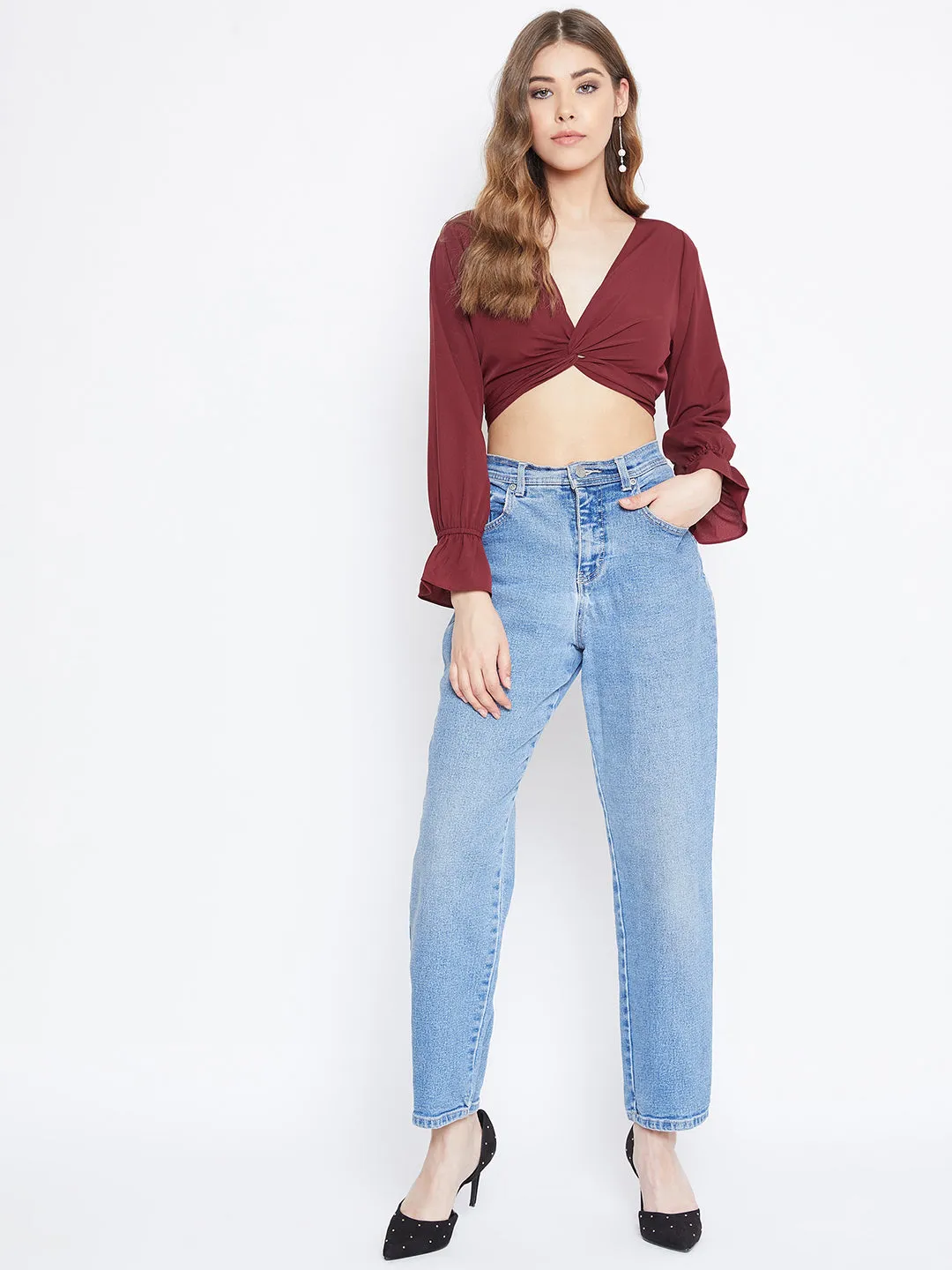 Berrylush Women Solid Maroon Front Twisted Knot V-Neck Crop Top