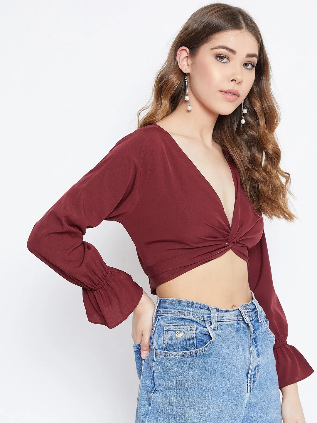 Berrylush Women Solid Maroon Front Twisted Knot V-Neck Crop Top