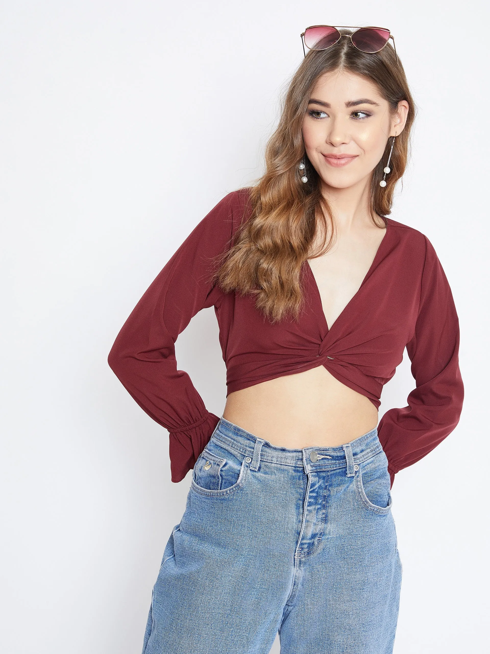 Berrylush Women Solid Maroon Front Twisted Knot V-Neck Crop Top