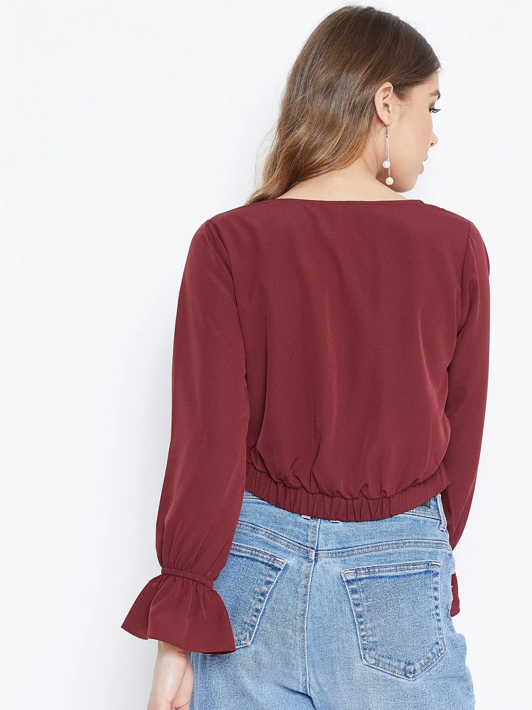 Berrylush Women Solid Maroon Front Twisted Knot V-Neck Crop Top