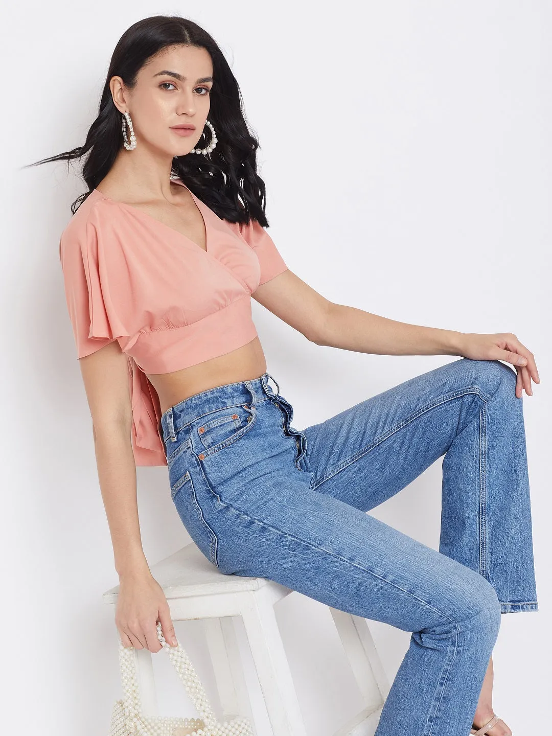 Berrylush Women Solid Pink V-Neck Cropped Wrap Top