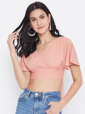Berrylush Women Solid Pink V-Neck Cropped Wrap Top