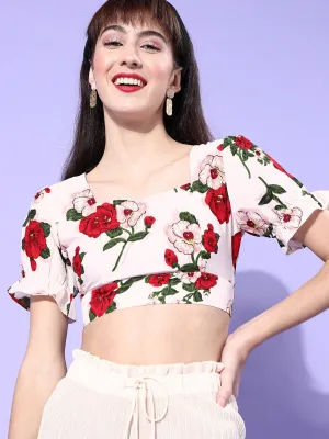 Berrylush Women White & Red Floral Printed Crepe Tie-up Fitted Crop Top