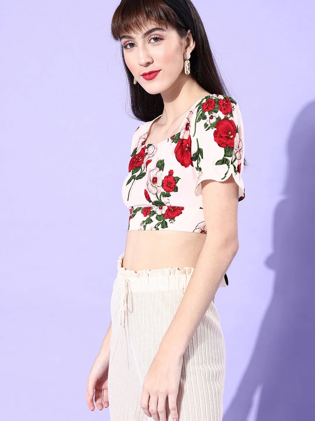 Berrylush Women White & Red Floral Printed Crepe Tie-up Fitted Crop Top