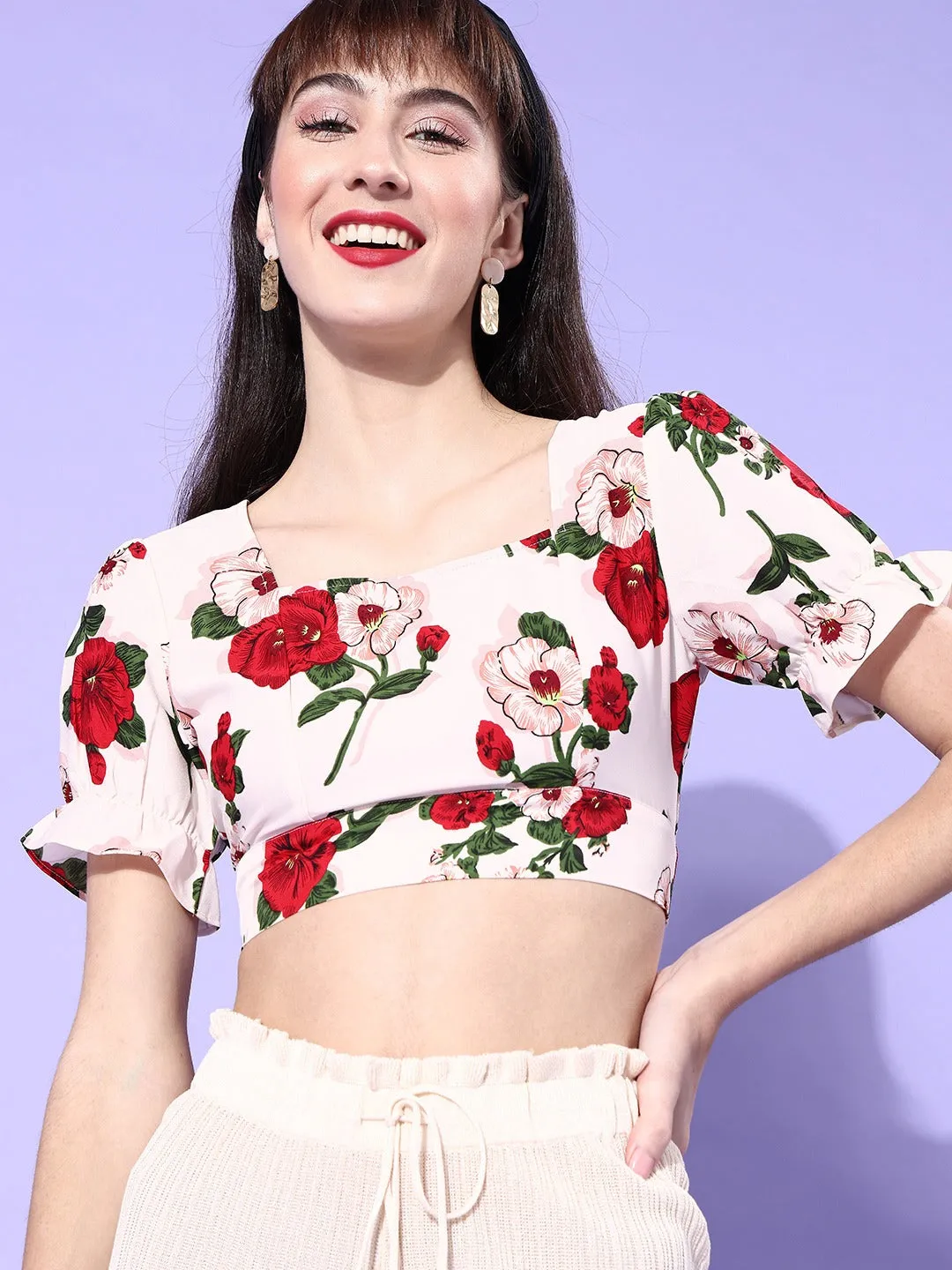 Berrylush Women White & Red Floral Printed Crepe Tie-up Fitted Crop Top