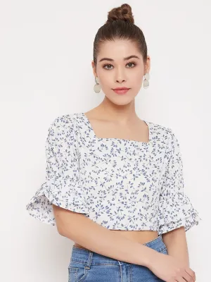 Berrylush Women White Floral Print Square Neck Crop Top