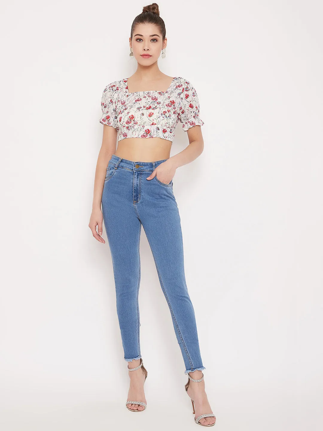 Berrylush Women White Floral Printed Backless Crop Top