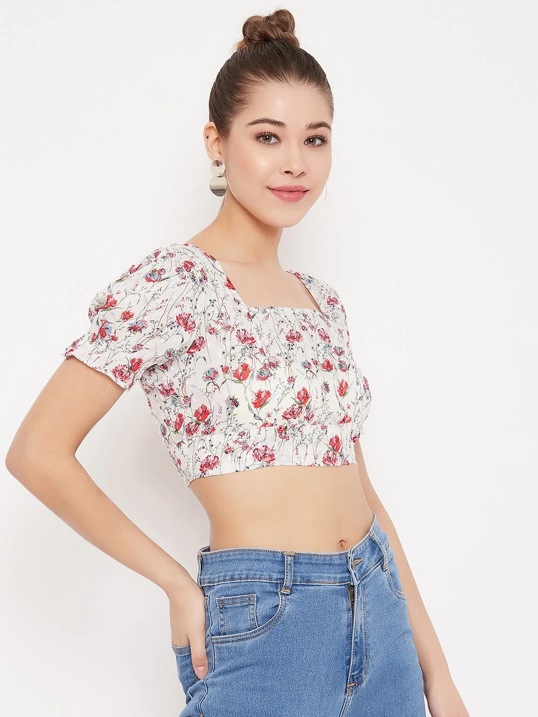 Berrylush Women White Floral Printed Backless Crop Top