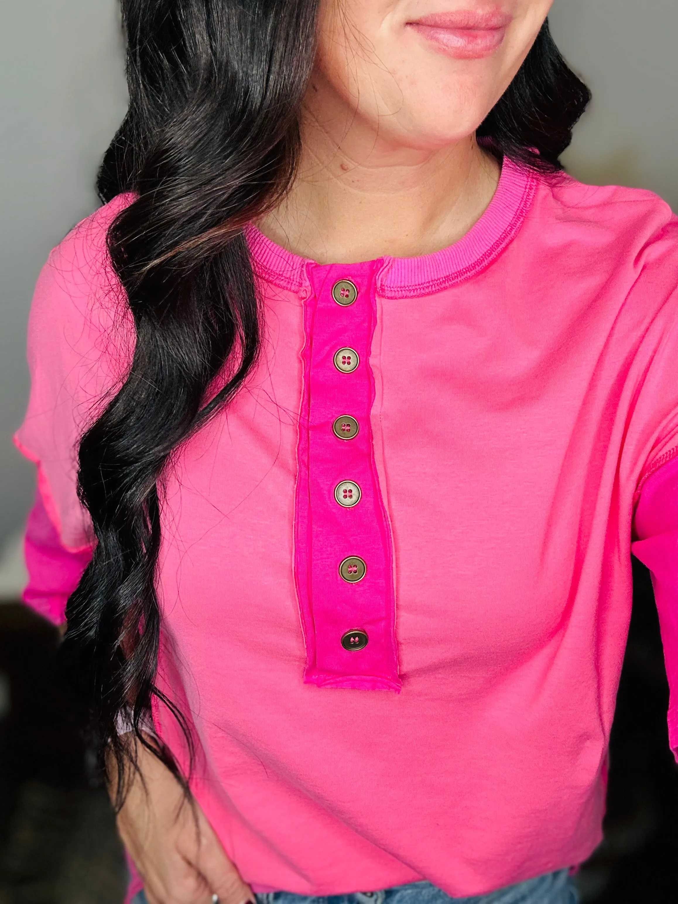 Brooke Pink Patchwork Half Button Top