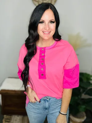 Brooke Pink Patchwork Half Button Top