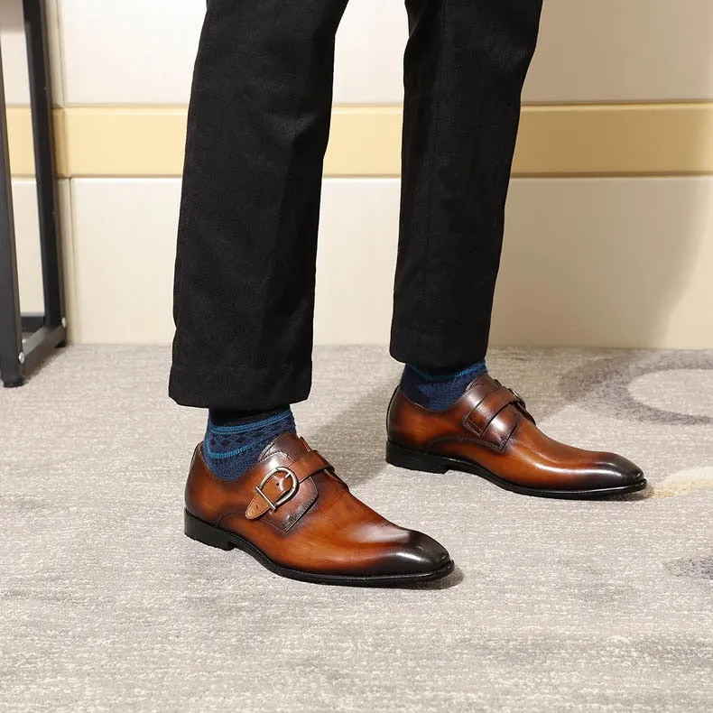 Brown with Gradient Effect Pointed Toe Monk Strap Men Fashionable Formal Shoes