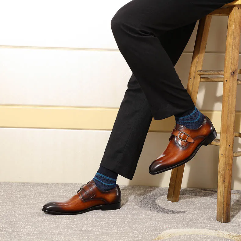 Brown with Gradient Effect Pointed Toe Monk Strap Men Fashionable Formal Shoes