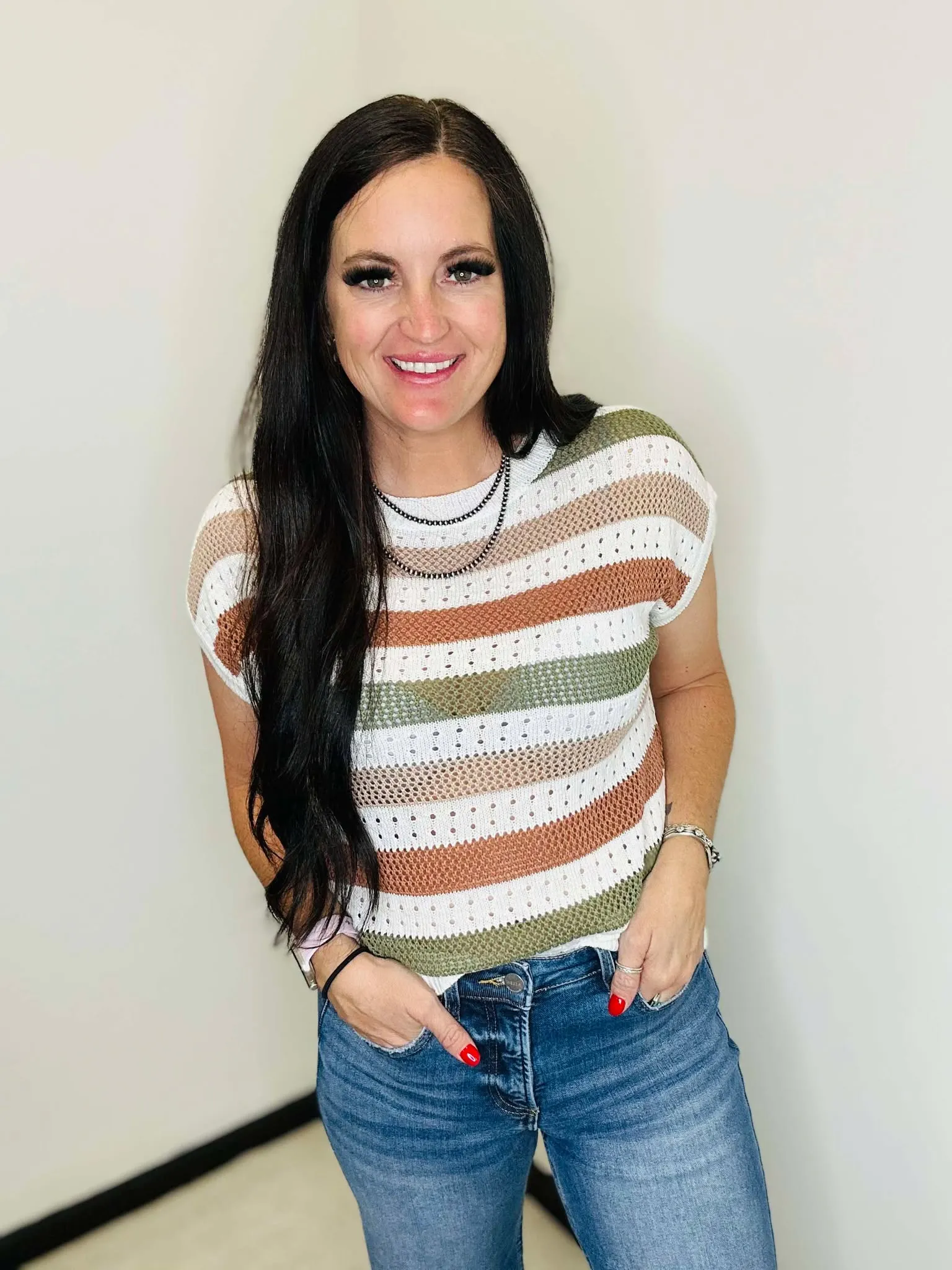 Brynn Short Sleeve Olive and Taupe Summer Sweater