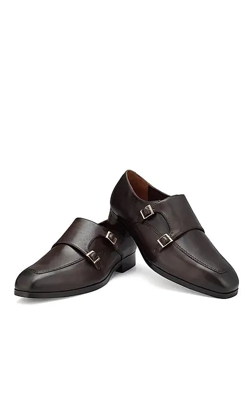 Coffee Plain Leather Monk Straps