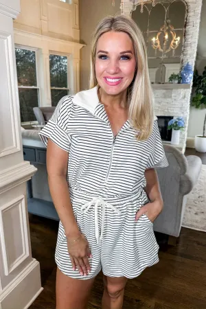Comfy Cream/Black Striped Half Zip Drawstring Tie Waist Romper