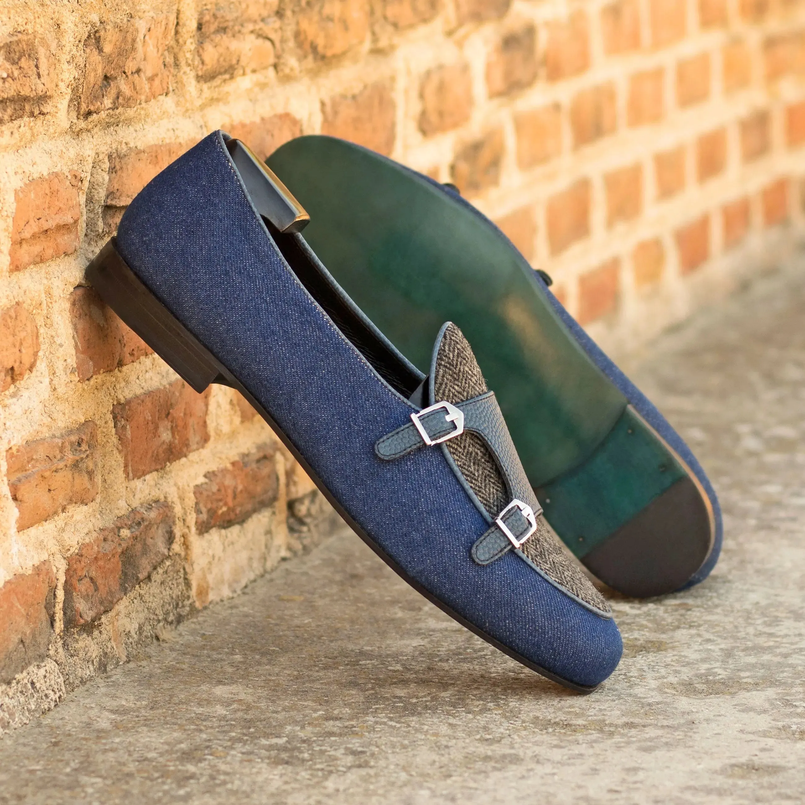 DapperFam Rialto in Jeans / Herringbone / Navy Men's Sartorial & Italian Pebble Grain Leather Monk Slipper