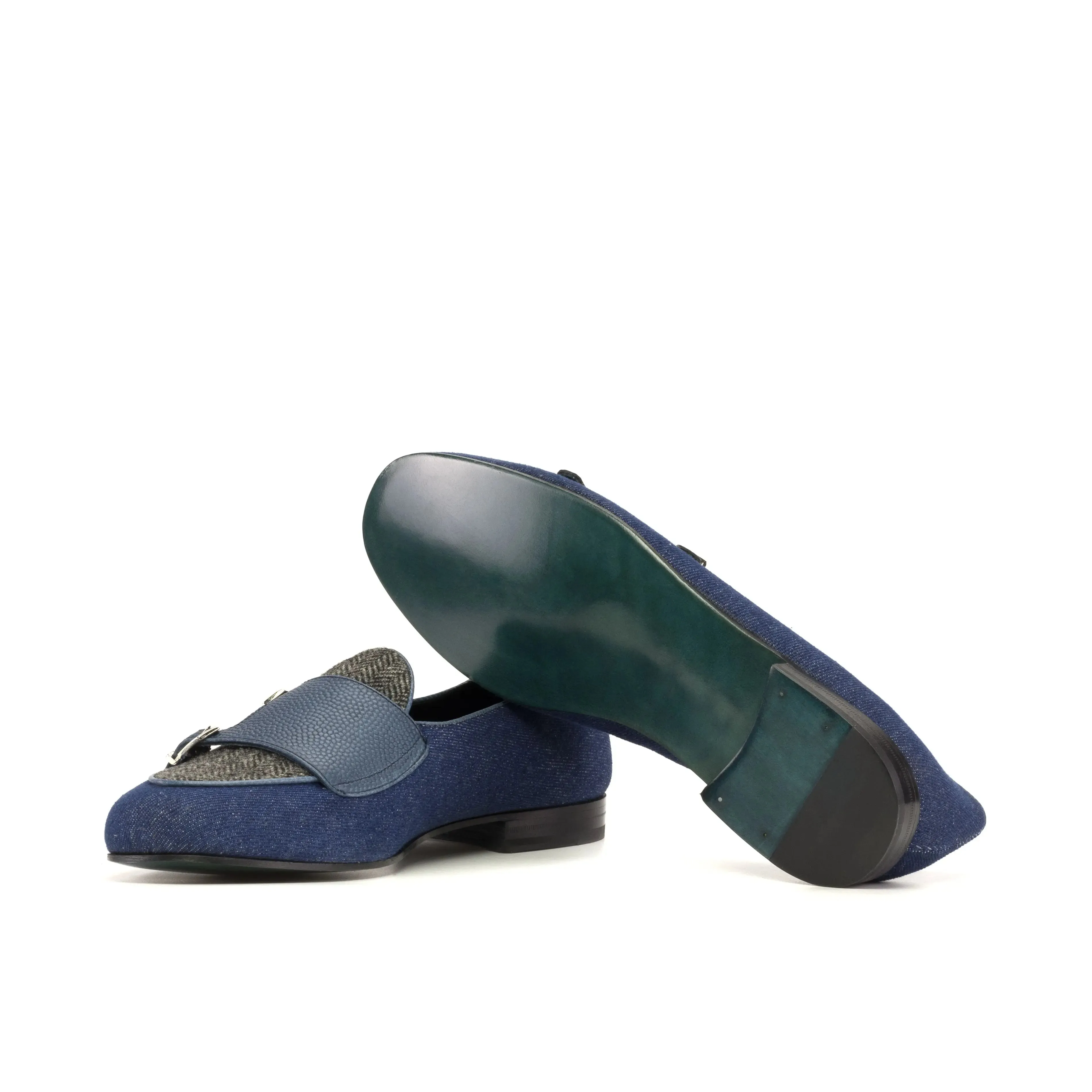 DapperFam Rialto in Jeans / Herringbone / Navy Men's Sartorial & Italian Pebble Grain Leather Monk Slipper
