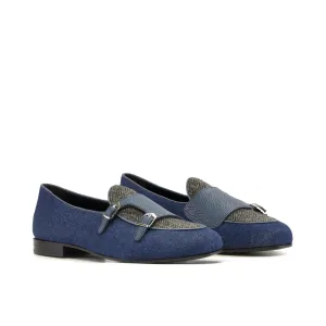 DapperFam Rialto in Jeans / Herringbone / Navy Men's Sartorial & Italian Pebble Grain Leather Monk Slipper