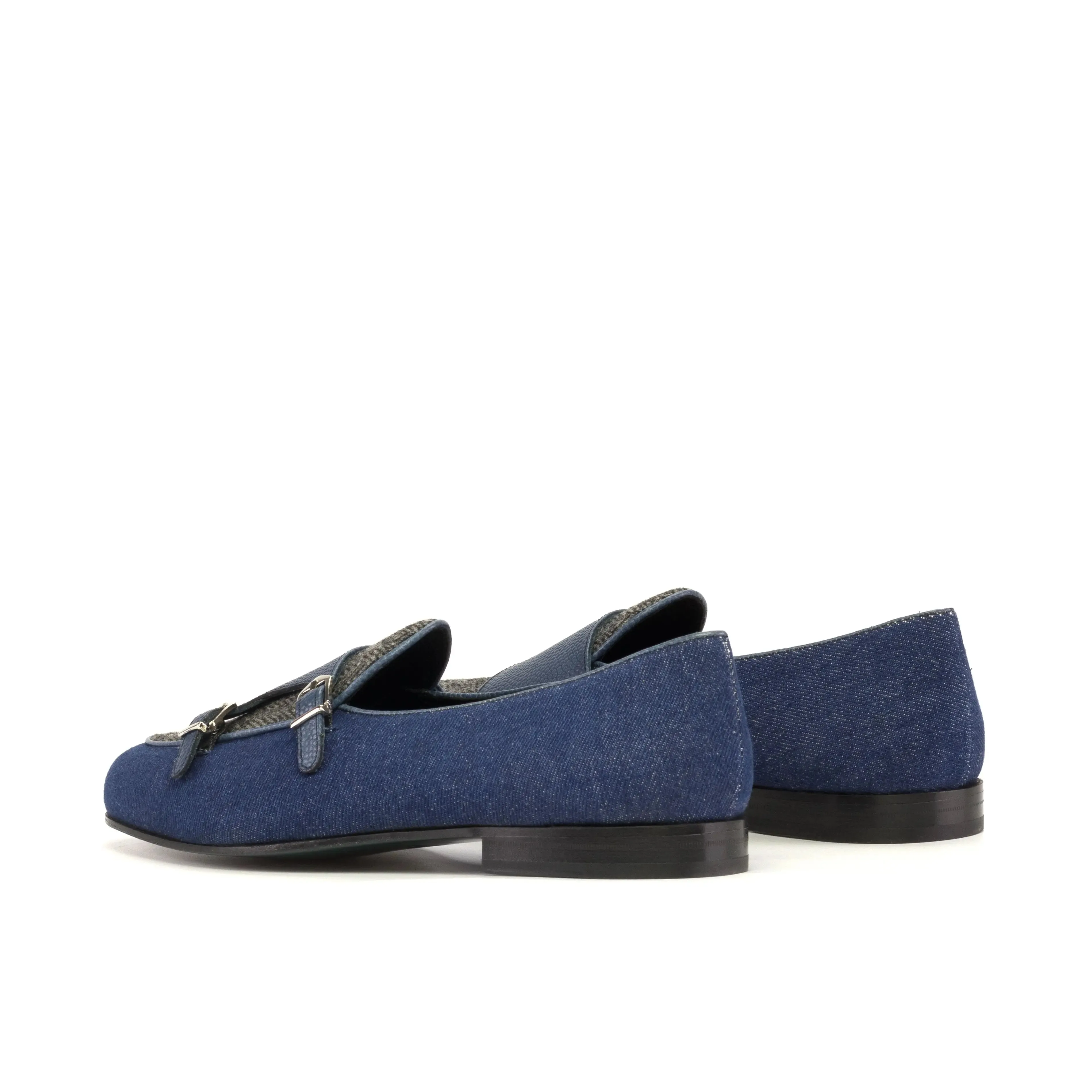 DapperFam Rialto in Jeans / Herringbone / Navy Men's Sartorial & Italian Pebble Grain Leather Monk Slipper