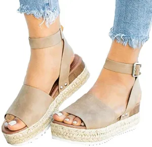 DEARCASE Open Toe Casual Ankle Strap Sandals Platform Wedge Shoes Casual Espadrilles Beach Footwear Khaki
