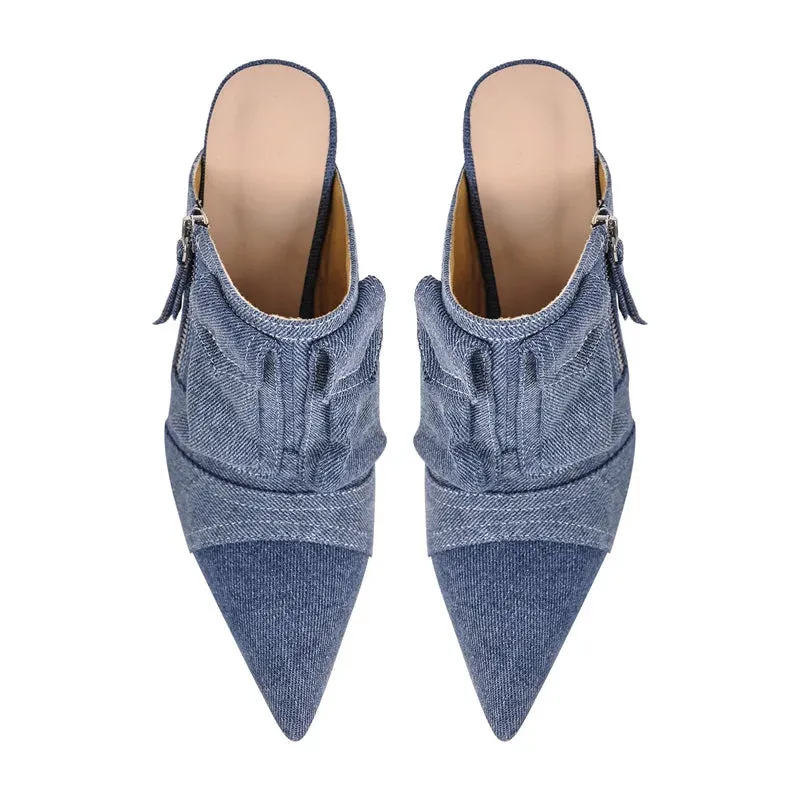Denim Pointed Toe Stiletto Mules