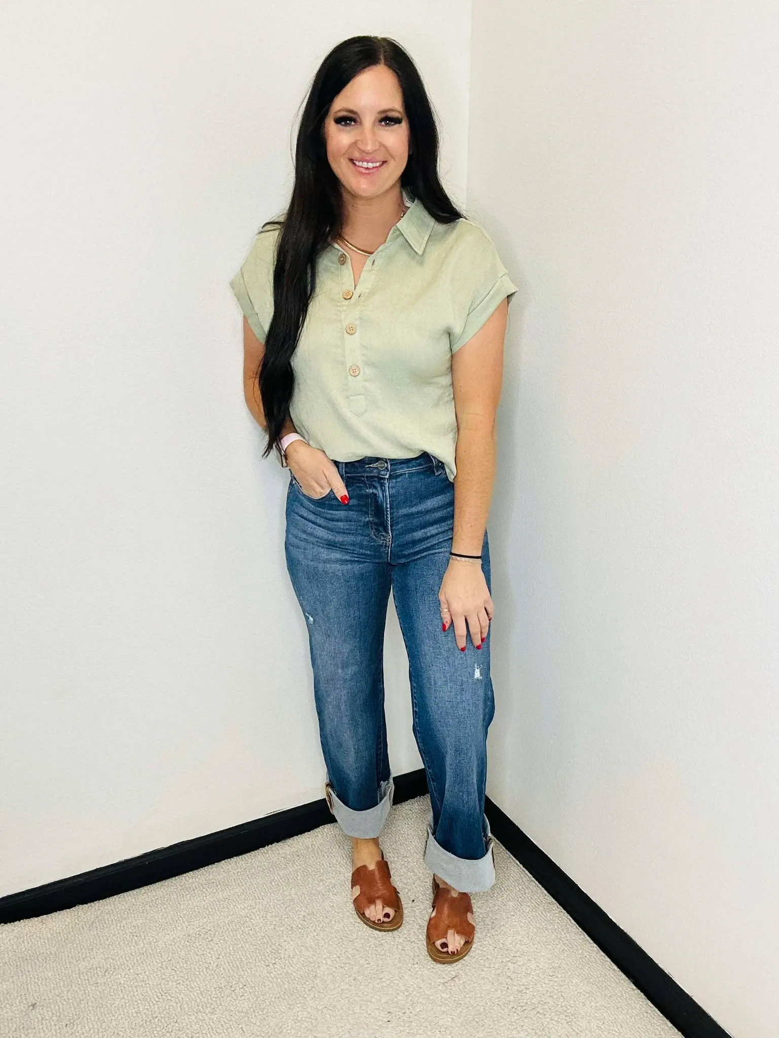 Diana Linen Half Button Blouse Olive