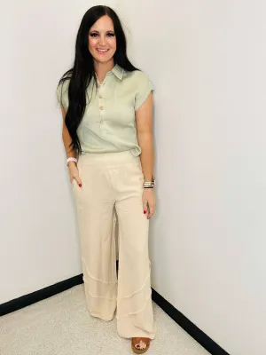 Diana Linen Half Button Blouse Olive