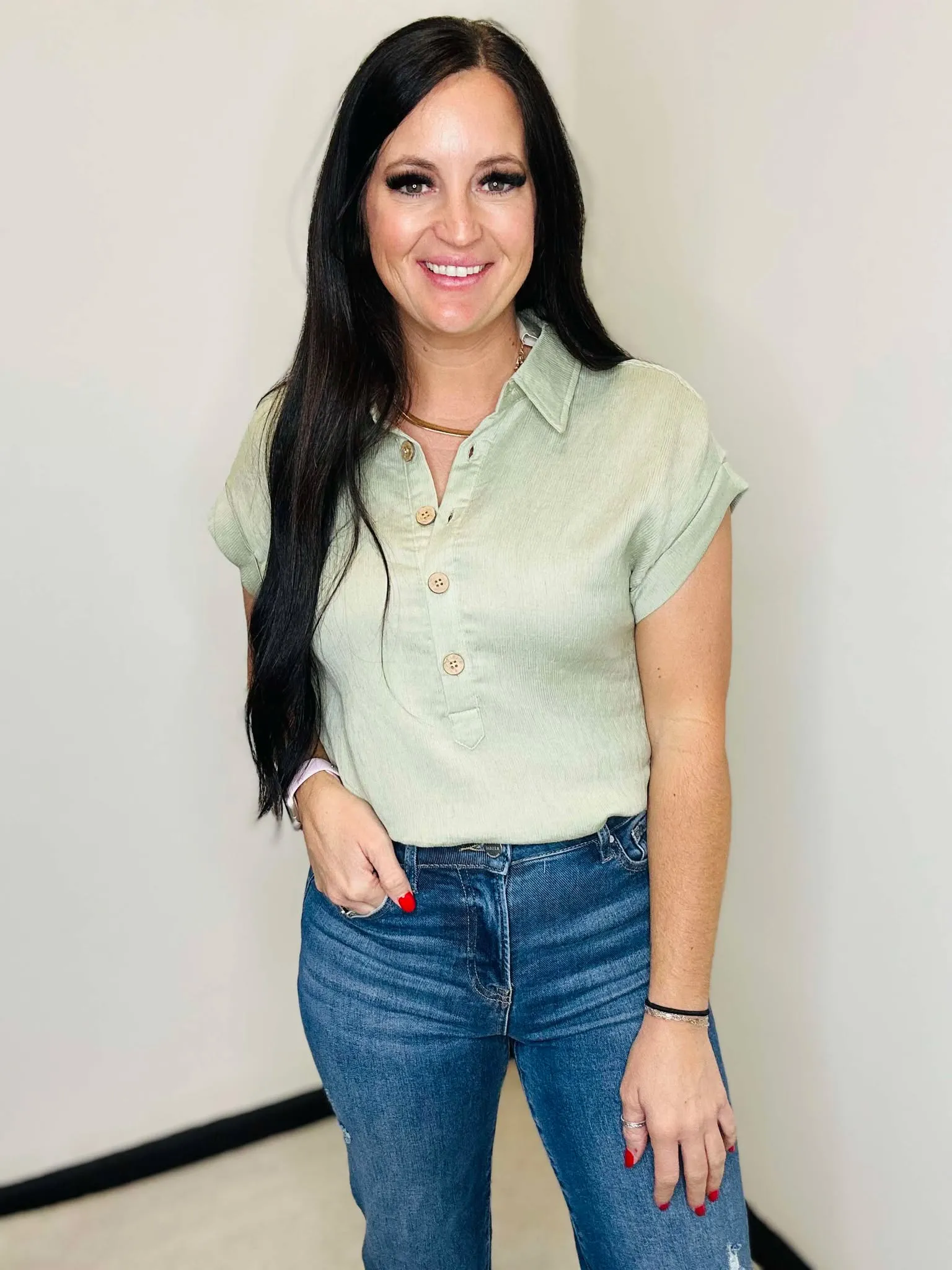 Diana Linen Half Button Blouse Olive