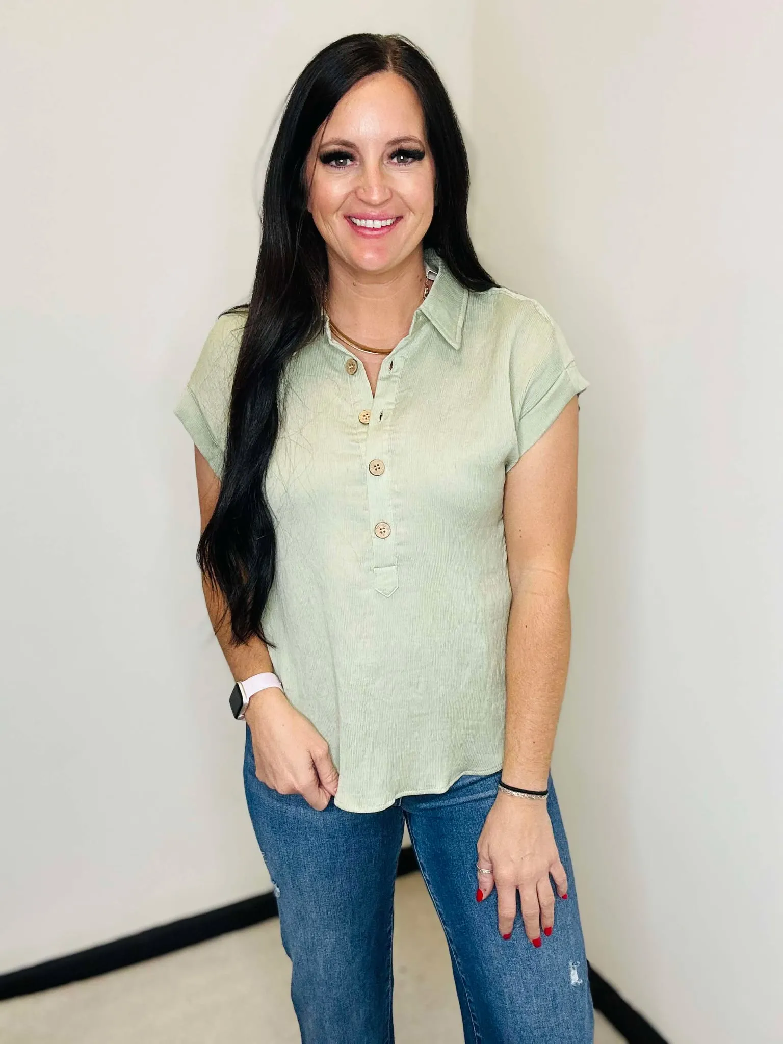 Diana Linen Half Button Blouse Olive