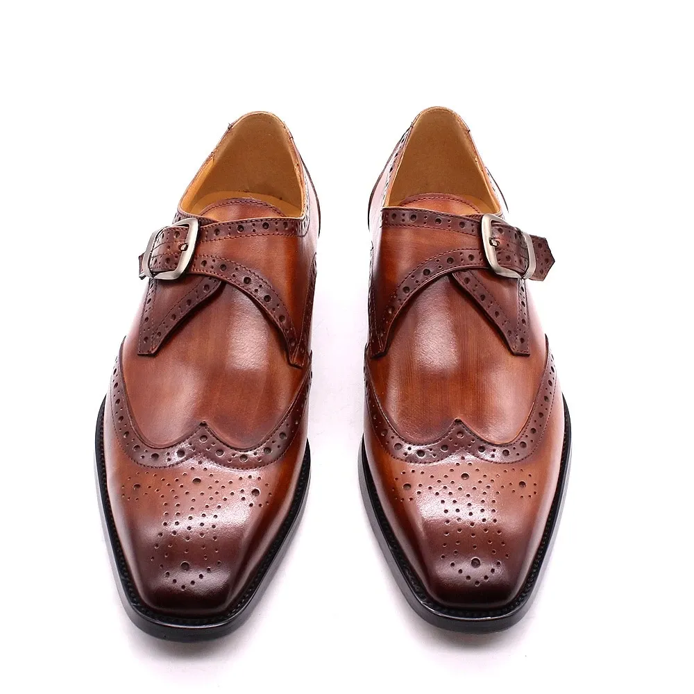 Elegant Genuine Leather Italian Wingtip Brogue Shoes with Monk Strap