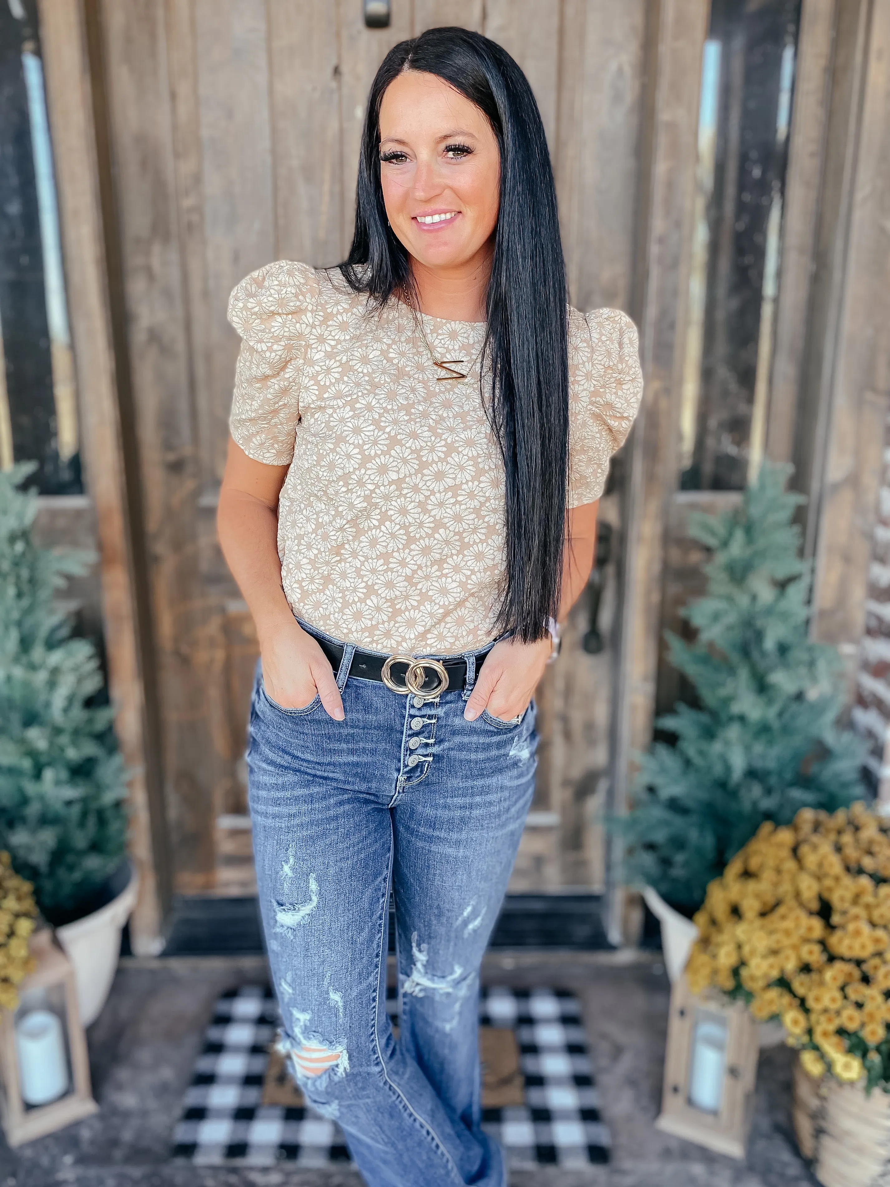 Kelsi Jacquard Puff Sleeve Top In Tan
