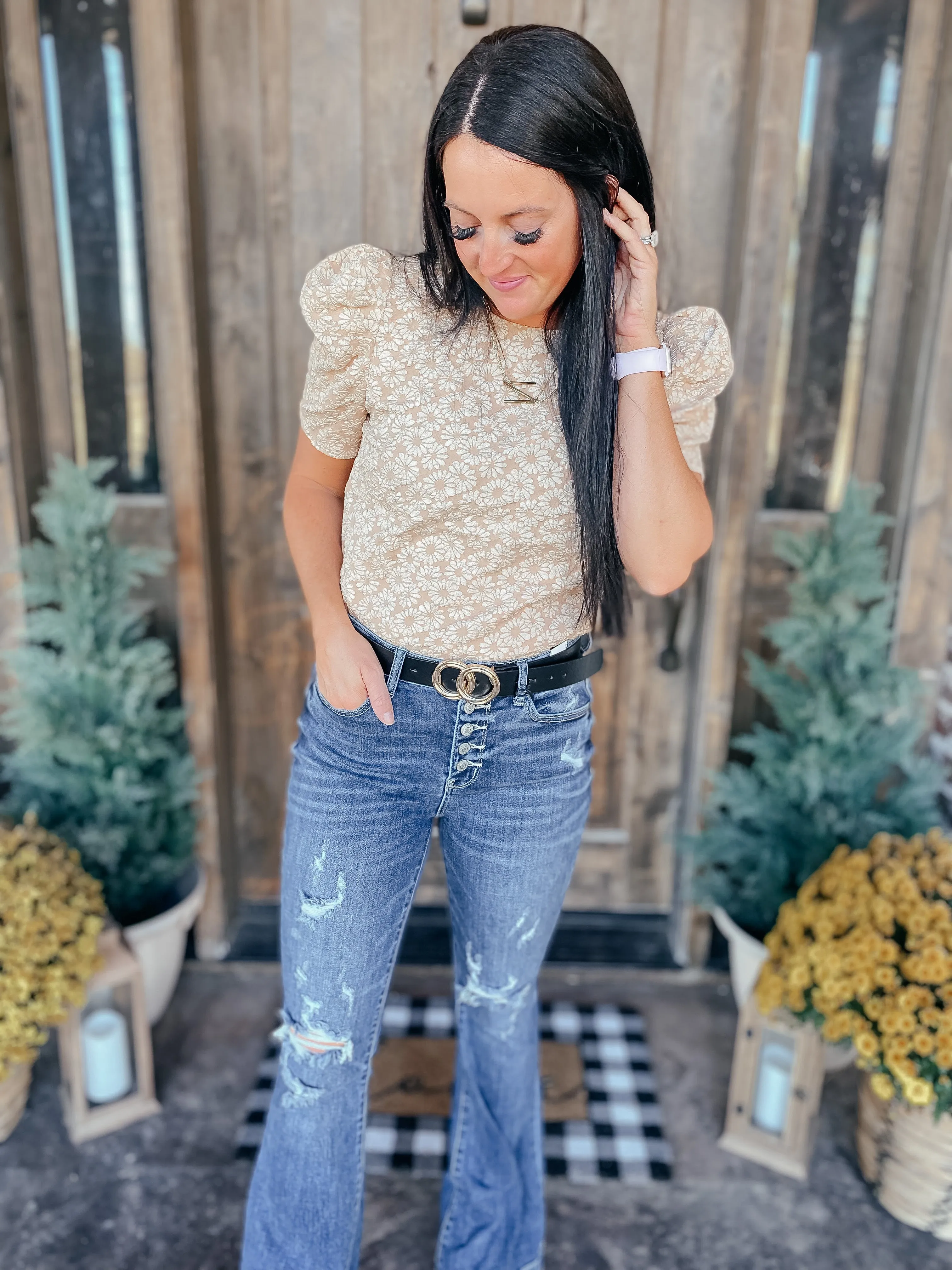Kelsi Jacquard Puff Sleeve Top In Tan