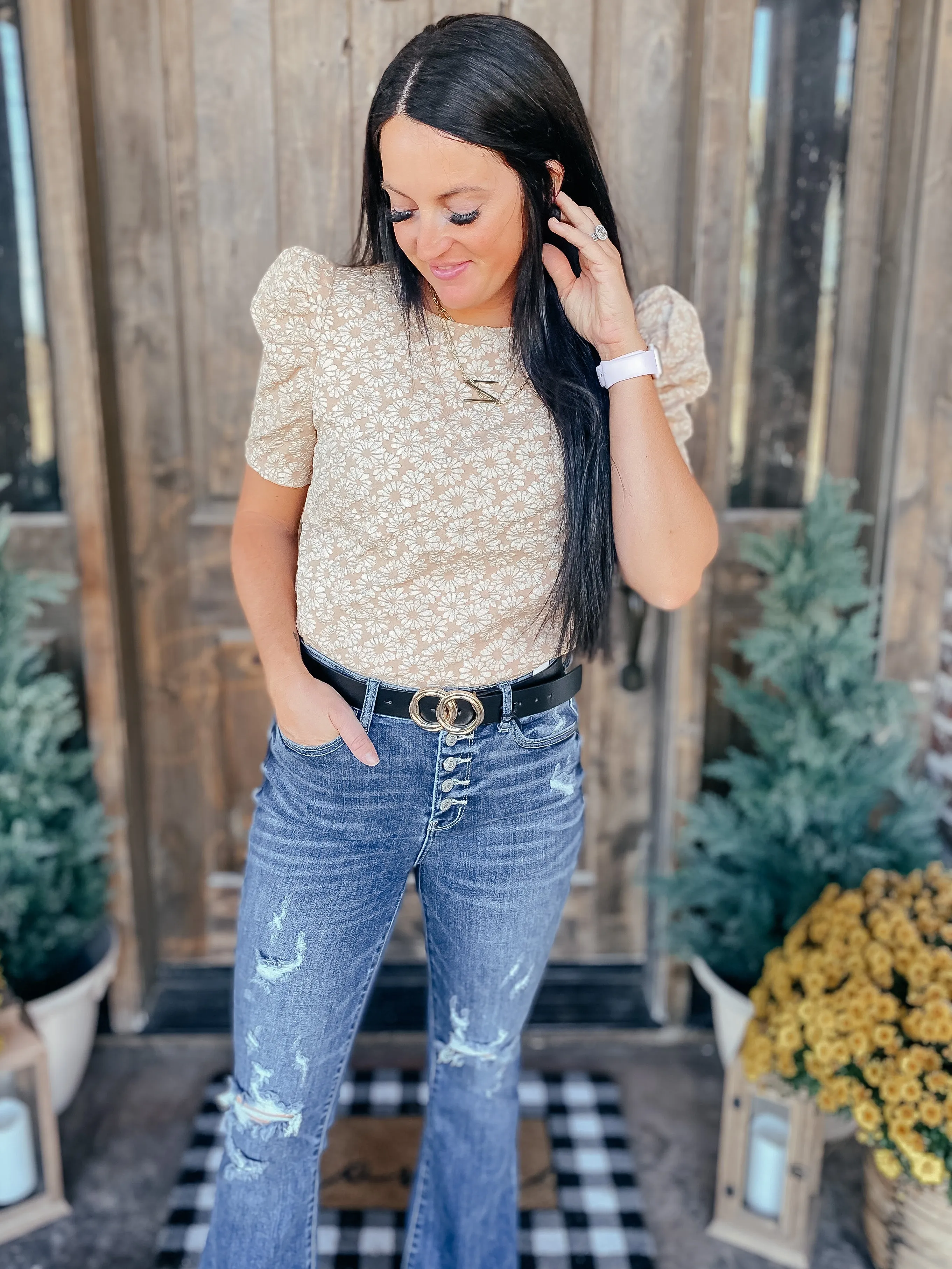 Kelsi Jacquard Puff Sleeve Top In Tan