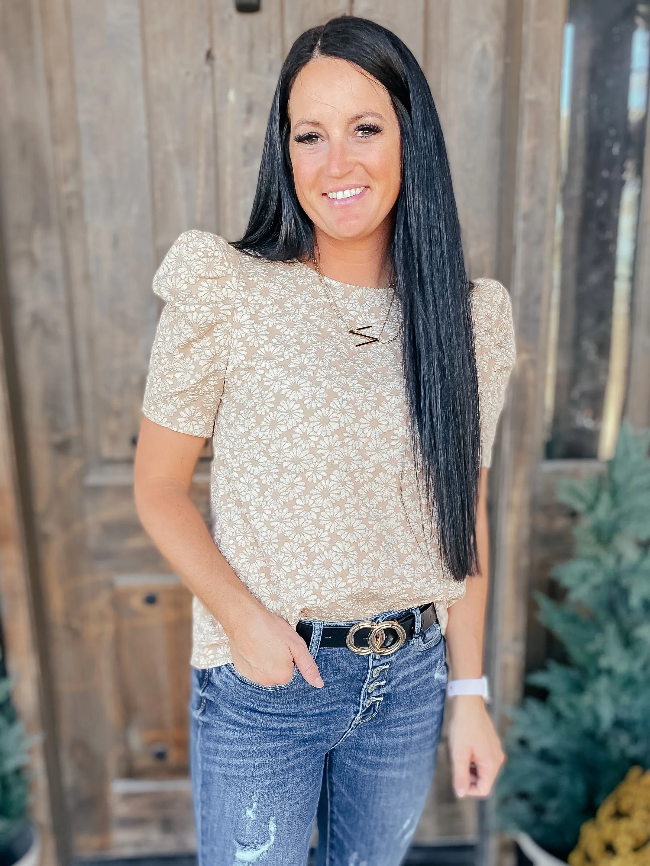 Kelsi Jacquard Puff Sleeve Top In Tan