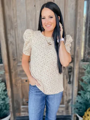 Kelsi Jacquard Puff Sleeve Top In Tan