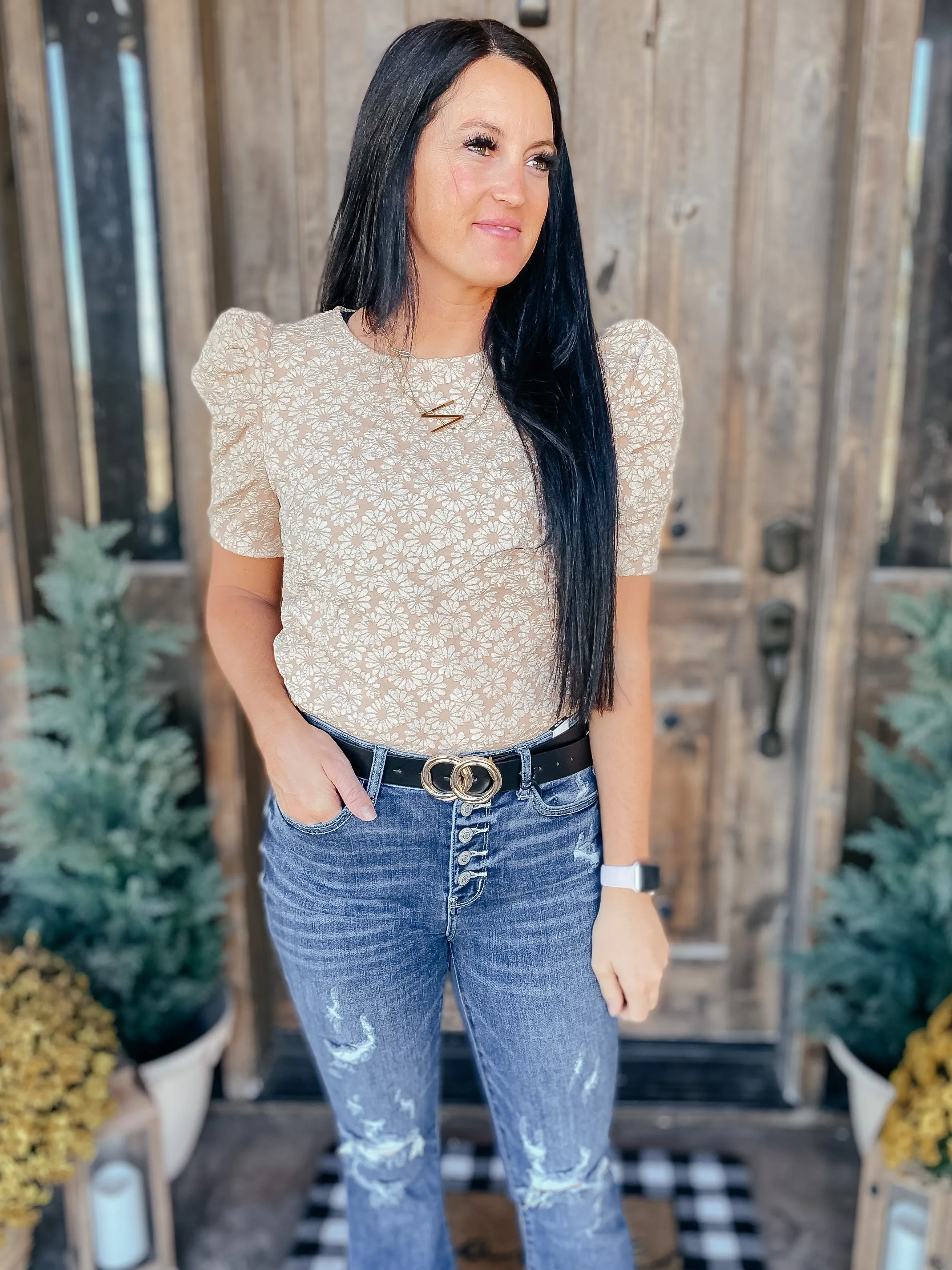 Kelsi Jacquard Puff Sleeve Top In Tan