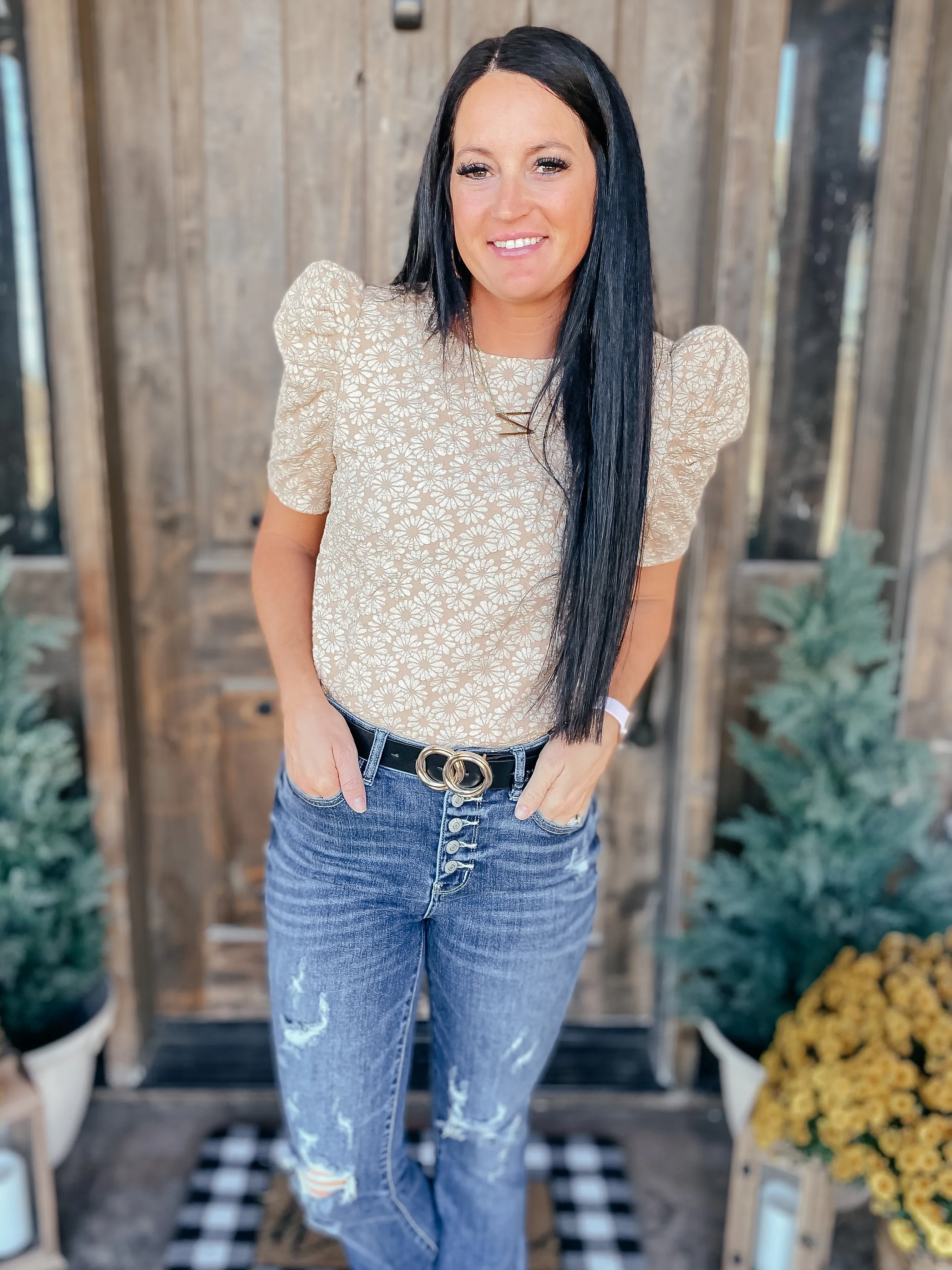 Kelsi Jacquard Puff Sleeve Top In Tan