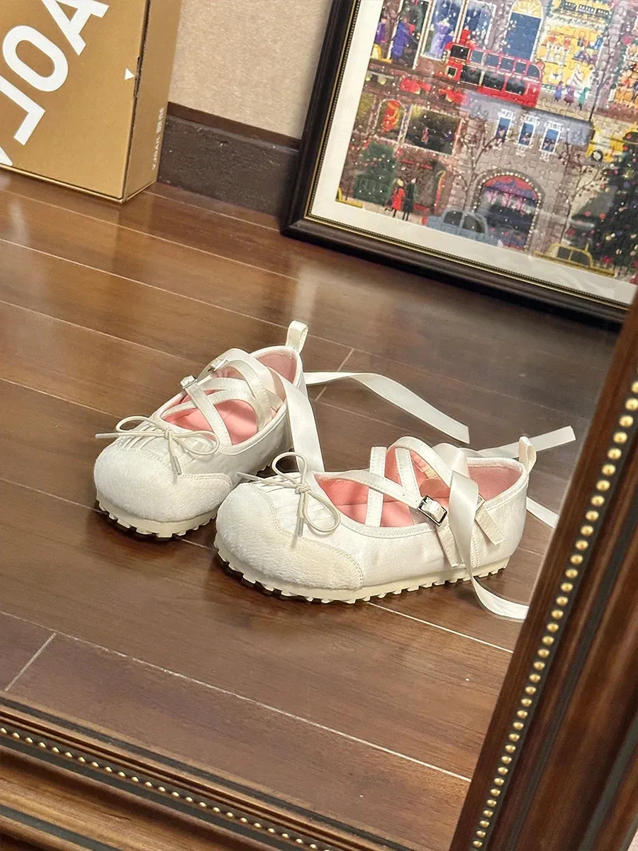 KIylethomasw Ballet Flats Round Toe Lace Up Black Pink White Bow Designer Luxury Shoes Sandals Ballerinas Mary Jane Women's Shoes For Women