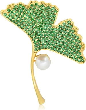 Lime Green Ginkgo Leaf Brooch with Pearl and Zirconia Vintage Gold Elegant Pin for Women Perfect for Christmas Birthday and Business Attire