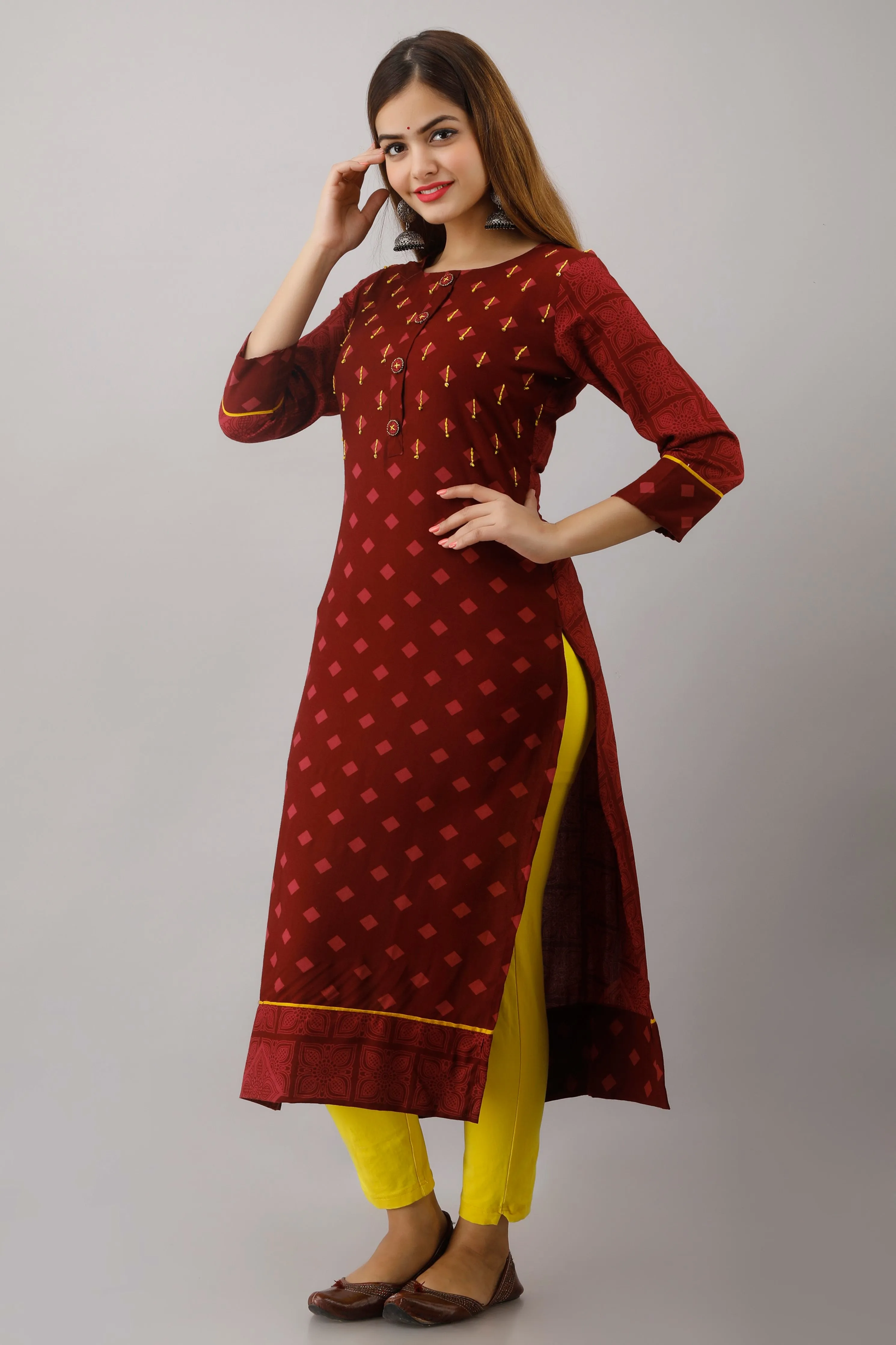 Maroon Color Rayon Straight Womens Kurta
