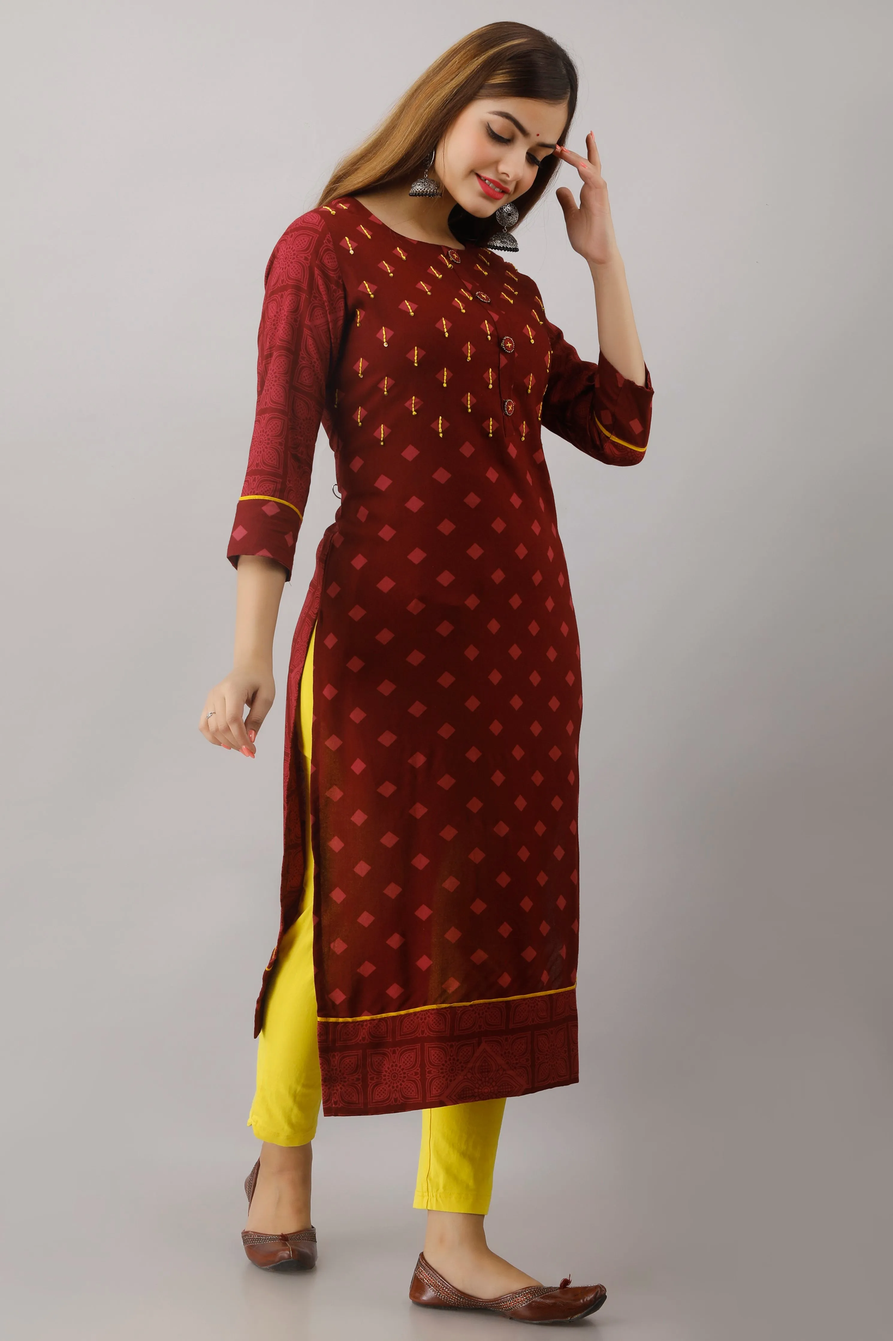 Maroon Color Rayon Straight Womens Kurta