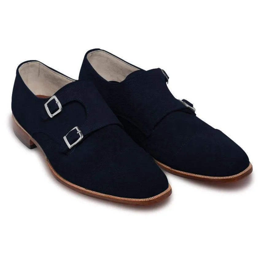 Men Navy Blue Double Monk Suede Leather Shoes