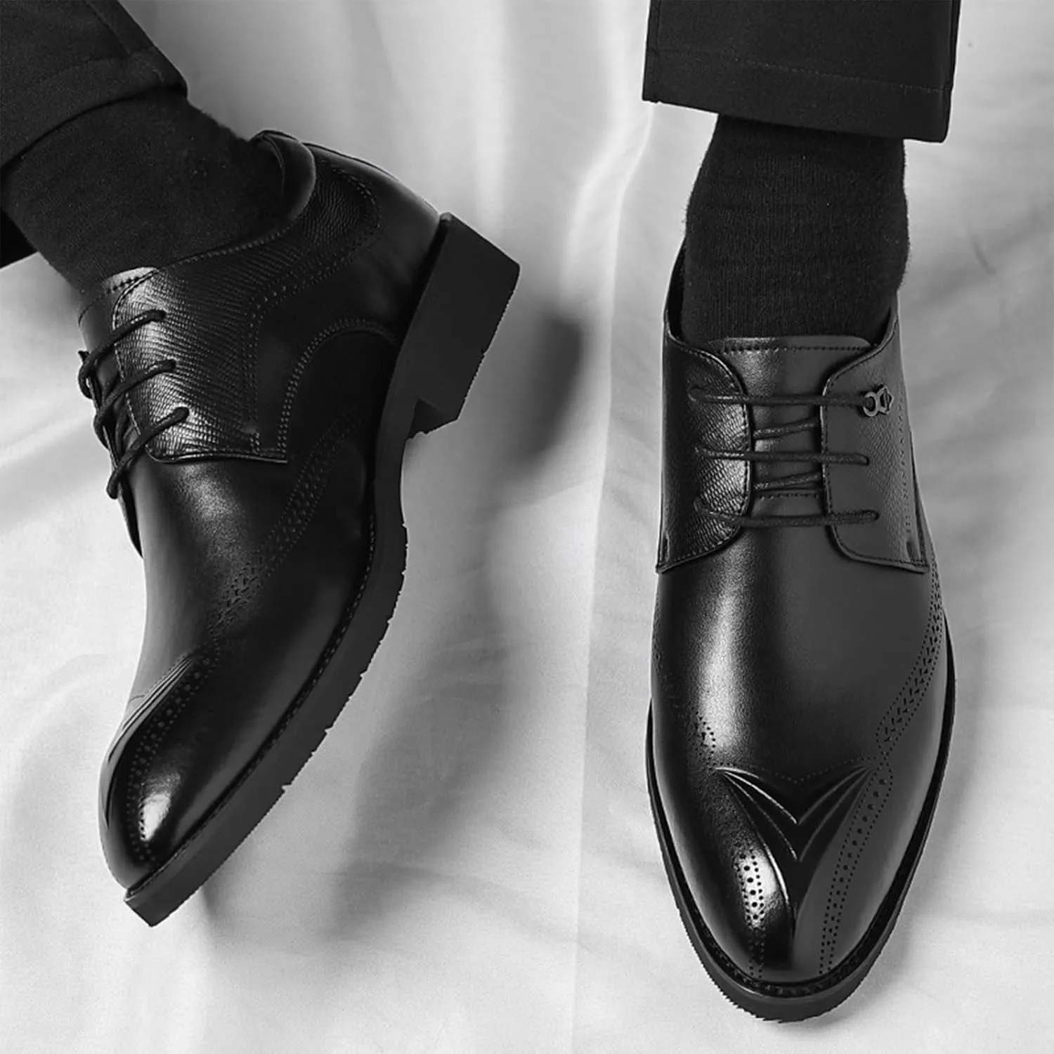Men's Genuine Leather Wingtip Brogue Dress Oxfords Classic Lace-Up Block Heel Business Derby Shoes Comfortable Non-Slip Retro Office Work Formal Events Casual Leather Shoes