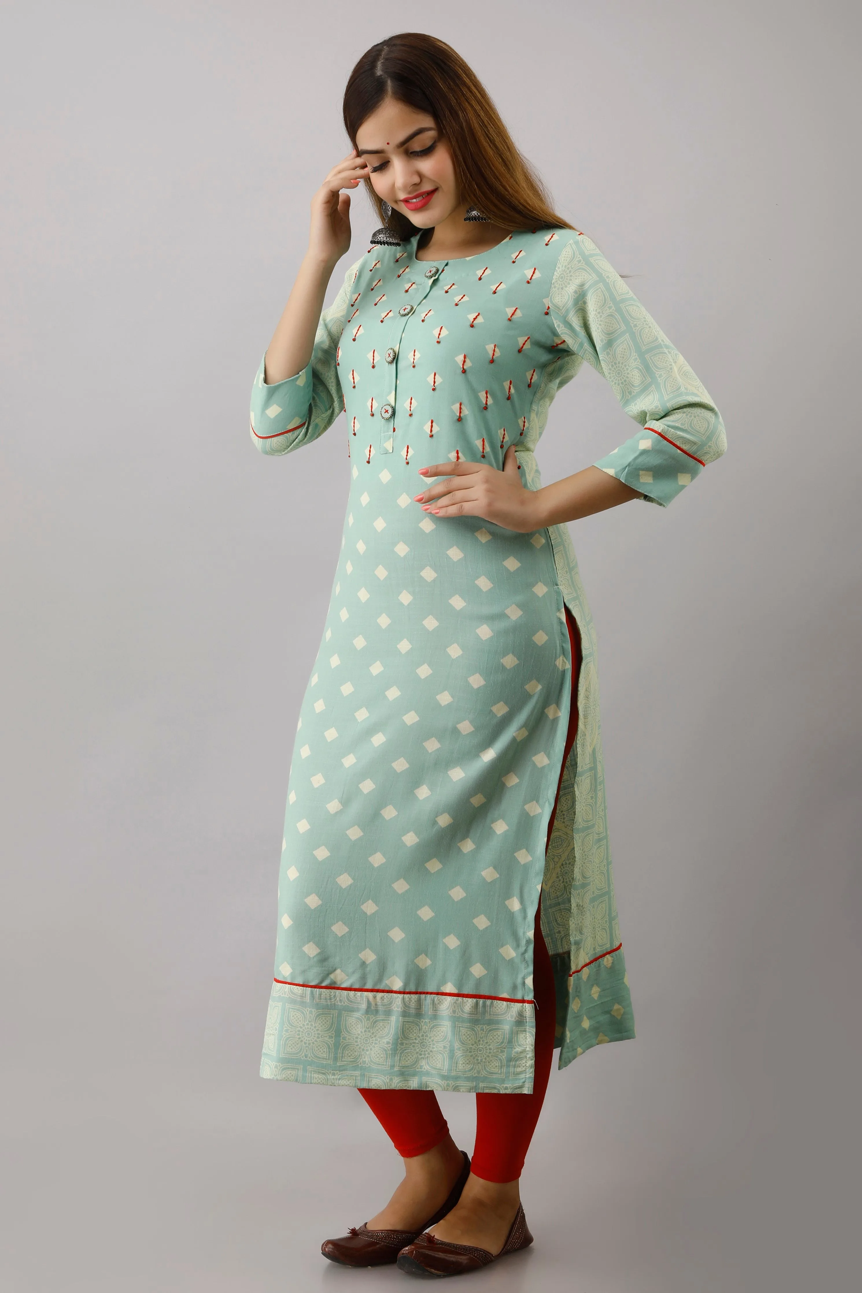 Pista Green Color Rayon Straight Womens Kurta